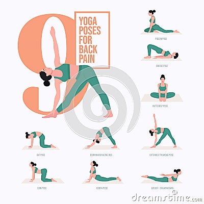 Back pain relief yoga poses. Young woman practicing Yoga poses Vector Illustration