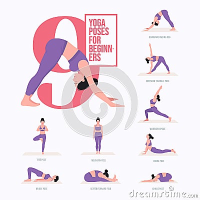 Beginner yoga poses. Young woman practicing Yoga poses Vector Illustration