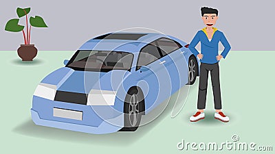 Smiling happy car buyer male character showing new car. Vector Illustration