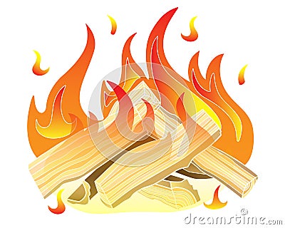 Bonfire. Burning wood, fire and sparks - vector full color illustration. Burning logs. Bright sparks over a hot hearth. Vector Illustration