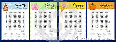 Collection of Seasons word search puzzle. Winter, spring, summer, autumn crossword. Worksheet for learning English Vector Illustration