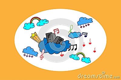 Music illustration with speaker, rainbow, notes, clouds and hearts. hand drawn vector. colorful card for kids. doodle art for wall Vector Illustration