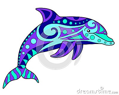 Dolphin - vector linear full color zentangle illustration - with marine mammal animal. Template for stained glass, batik or colori Vector Illustration