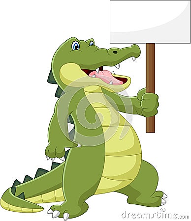 Cartoon cute crocodile holding blank sign Vector Illustration