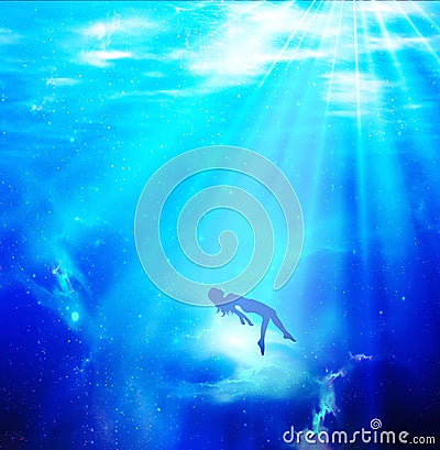 Silhouette under water, death rebirth, soul journey, transition, metamorphosis Stock Photo