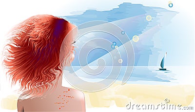 Vector illustration of a girl and the sea. Vector Illustration