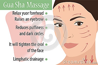 Face massage using gua sha made of natural stones. Massage lines on the girl`s face, the benefits of massage. Cartoon Illustration