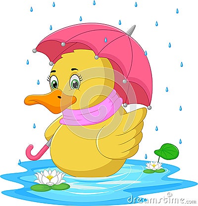 Cartoon cute duck using umbrella in the rain Vector Illustration