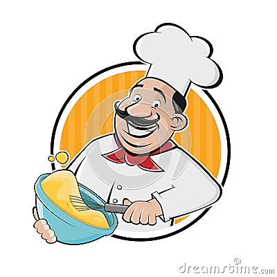 Cartoon logo of a happy chef preparing meal with bowl and whisk Vector Illustration