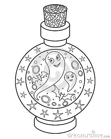 Ghosts locked in a bottle - vector linear Halloween picture for coloring. Outline. A bottle with a magic potion closed with a stop Vector Illustration