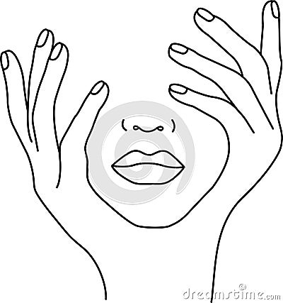 Fashion minimalist woman face. Beautiful lips, nose, hands holding fase. One line drawing. Image and Vector Vector Illustration