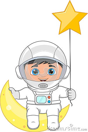 Young astronaut sitting on the crescent moon and holding the star Vector Illustration