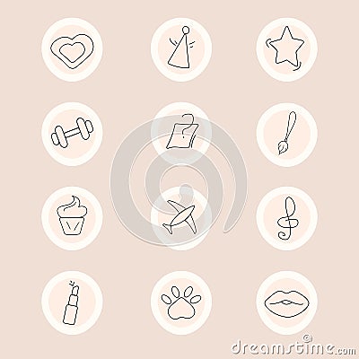 Instagram highlights icons in beige color thin line. Food, travel, beauty, animals, holiday. Highlights. Story Highlight Covers Stock Photo