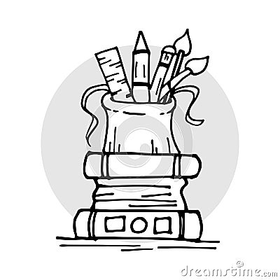 Stationery Excellence: Doodle Art Illustration Featuring Trophy Icon Amidst School Supplies for Educational Creativity. Vector Illustration