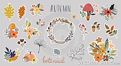 Autumn botanical stickers collection with seasonal plants arrangement Vector Illustration