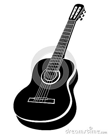 Guitar Musical Instrument - vector black and white silhouette illustration for logo or pictogram. Acoustic Guitar - stringed instr Vector Illustration