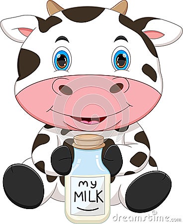 Cartoon cow holding milk in a bottle Vector Illustration