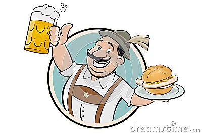 Funny Bavarian cartoon man serving Bavarian specialty bratwurstsemmel and beer Vector Illustration