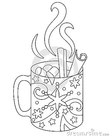 Cup With Hot Drink - vector for coloring. Outline. Mug with hot chocolate - antistress coloring with Christmas zentangles, snowfla Vector Illustration