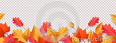 Autumn seasonal background with long horizontal border made of falling autumn golden, red and orange colored leaves isolated on ba Vector Illustration