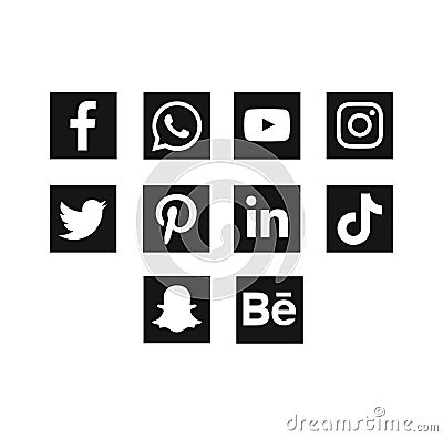 Black square shape modern social media icons. facebbok, youtube, whtsapp, twitter, tiktok etc Vector Illustration