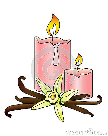 Candles And Vanilla - Aromatherapy, Antistress - Vector Full Color Illustration. Scented pink candles with a flower and vanilla po Vector Illustration