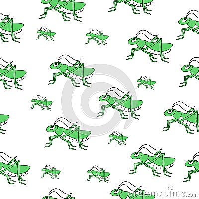 Whimsical Wonders: Hand-Drawn Grasshopper Illustration in Green, Creating a Cute Insect Seamless Pattern for Doodle Art Vector Illustration