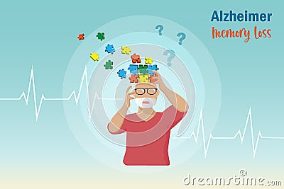 Dementia Alzheimer diseases, memory and brain loss. Elderly man lost his memories in jigsaw puzzle pieces on head. Alzheimer aware Vector Illustration