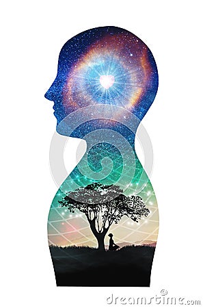 Free thinking, nourish your mind, positive thoughts and good intentions, astral projection, enlightenment, brain power concept Stock Photo