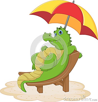 Cartoon cute baby crocodile sitting and sunbathing Vector Illustration