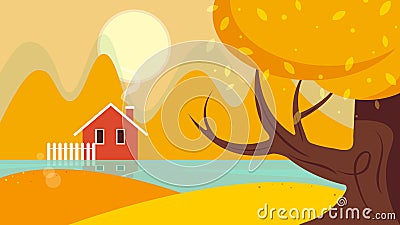 Illustration of an autumn landscape with a house on the shore of the lake. Stock Photo