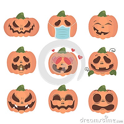 Halloween pumpkin with different emotions set isolated on white background. Vector Illustration