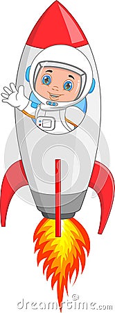 Cartoon young astronaut waving from a rocket Vector Illustration