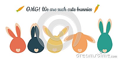 Very cute kawaii colored bunnies with funny ears sit with their backs Vector Illustration