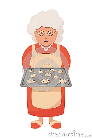 Grandmother cooking biscuits with chocolate. Old woman granny cooking. Happy grandma in red dress and apron. Vector illustration Vector Illustration