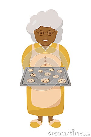 African grandmother cooking biscuits with chocolate. Granny cooking cookies. Happy grandma in yellow dress and apron Vector Illustration