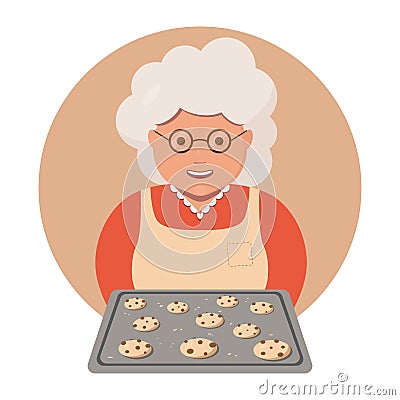 Grandmother cooking biscuits with chocolate. Granny cooking. Portrait of happy grandma in red dress and apron. Vector Vector Illustration