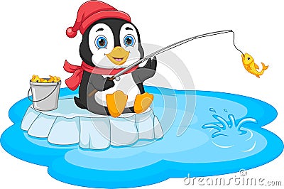 Cartoon penguin fishing isolated on white background Vector Illustration