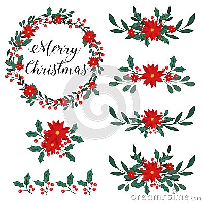 Web set of Christmas Floral element Handwritten with beautiful decorative frame merry christmas post cards elements Vector Illustration