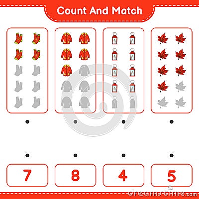 Count and match, count the number of Lantern, Socks, Warm Clothes, Maple Leaf and match with the right numbers. Educational childr Vector Illustration