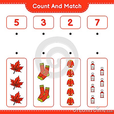 Count and match, count the number of Lantern, Socks, Warm Clothes, Maple Leaf and match with the right numbers. Educational childr Vector Illustration