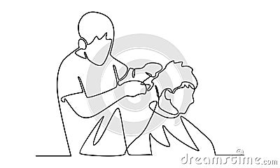 Continue line of professional barber making haircut to a client in barbershop Vector Illustration