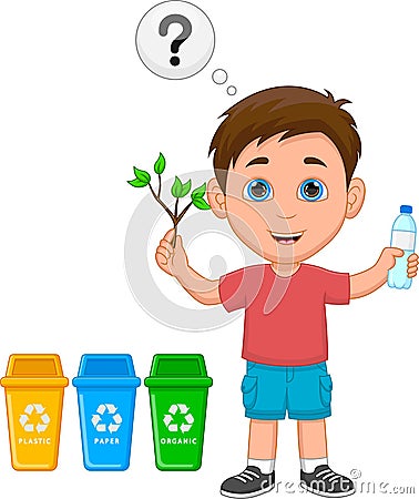 Boys think to take out the garbage according to its kind Vector Illustration