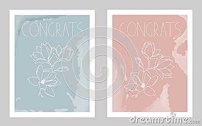 Floral congrats, invitation or greating card template design, white outline magnolia flowers. Vector Illustration