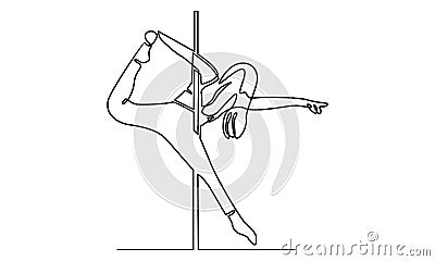 Continue line of woman pole dancer dancing poses on pole Vector Illustration