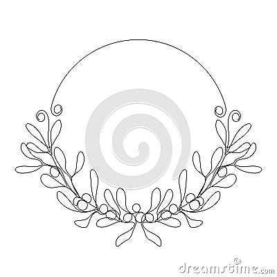 One line circle frame with Christmas Mistletoe branch. Vector Illustration