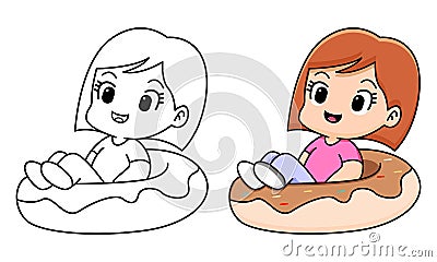 Girl with doughnut coloring page for kids Vector Illustration