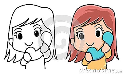 Girl holding telephone coloring page for kids Vector Illustration