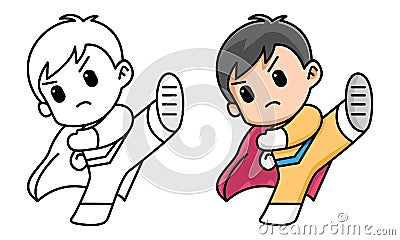 Cute boy superhero coloring page for kids Vector Illustration