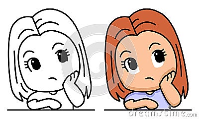 Cute thinking woman coloring page for kids Vector Illustration